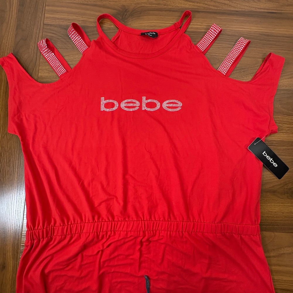 Bebe Cold Shoulder Dress Womens 2X Red New Rhinestone Logo Studded Glam Diva